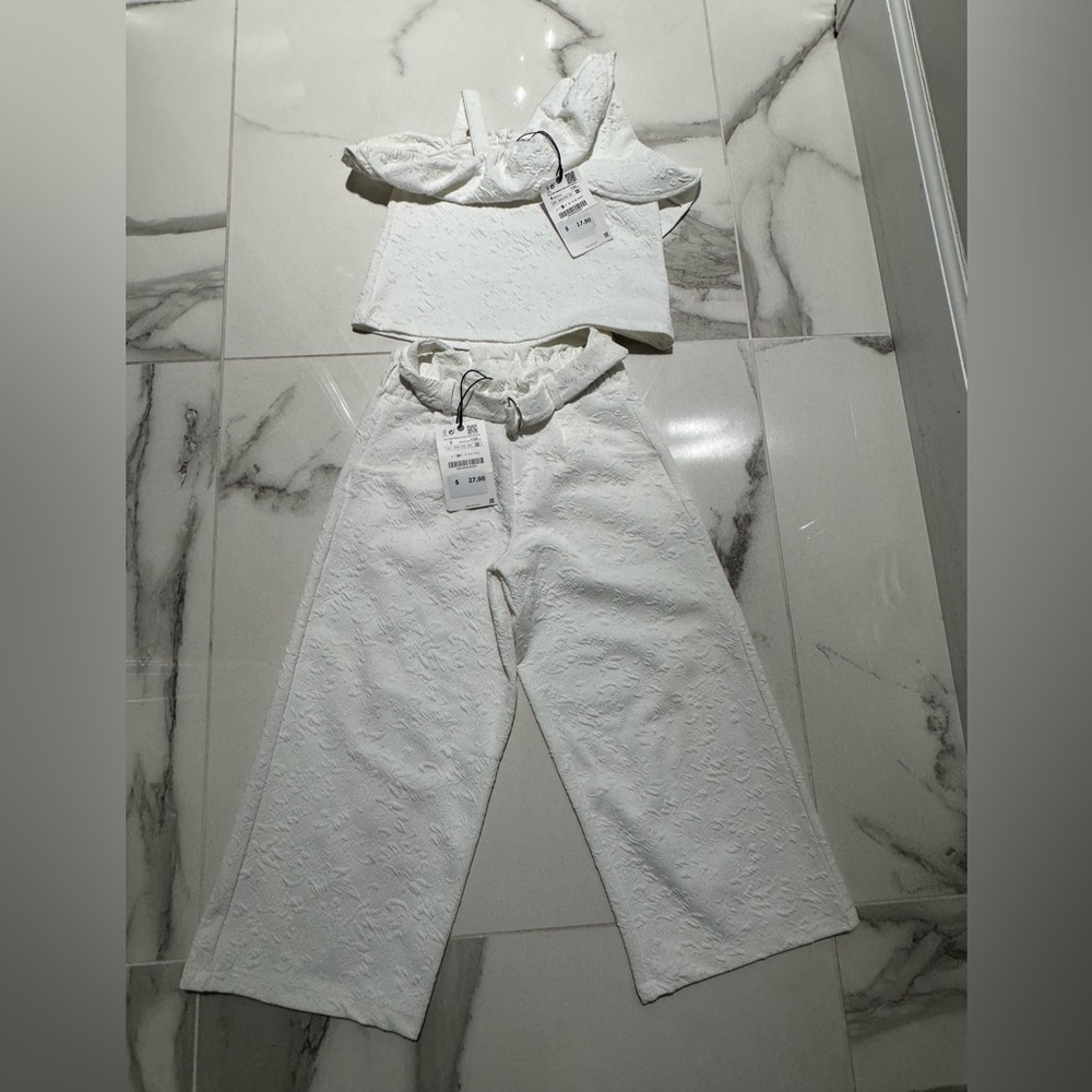 Zara set top and bottom White printed Textured Belted Pants with ruffle tank